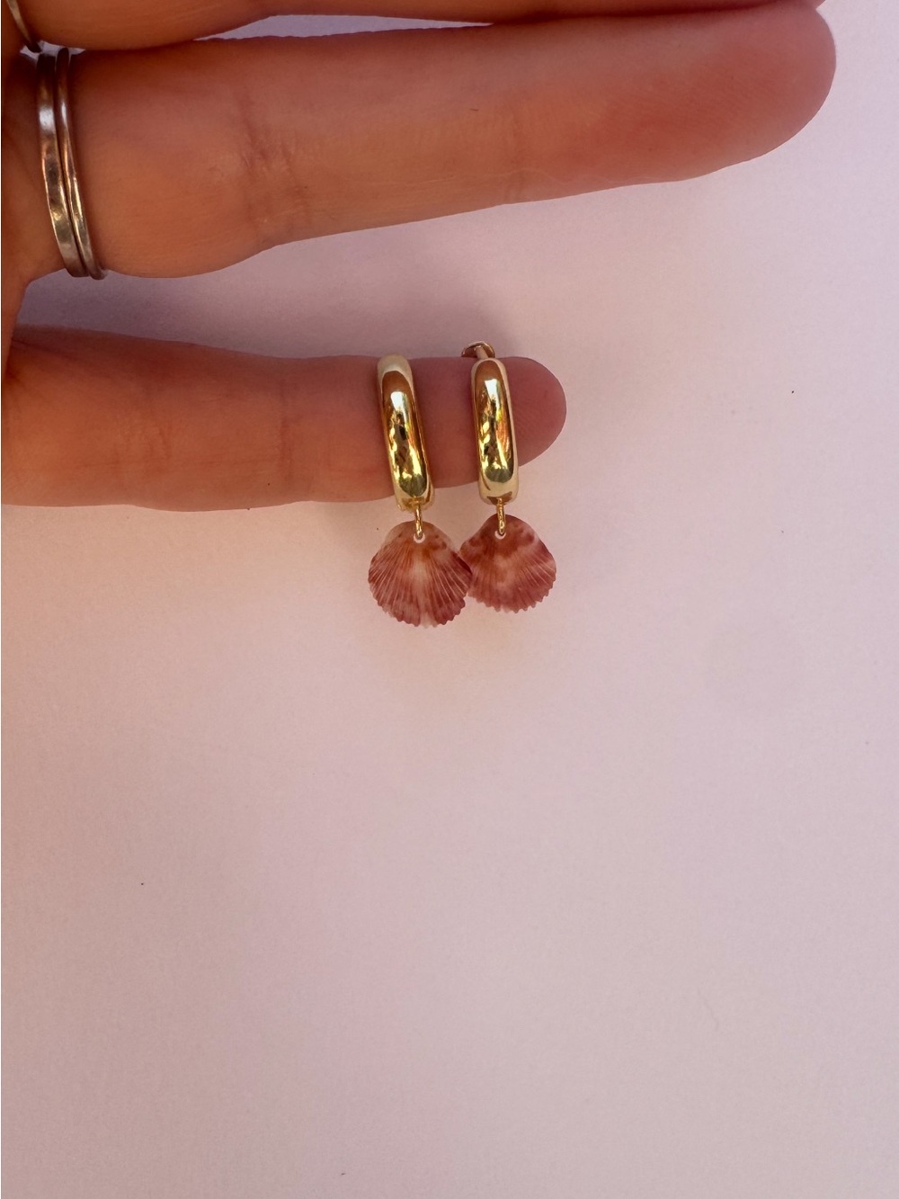 Gold Hoop Earrings with Pink Shell Charms by